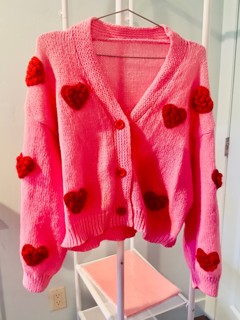 Pink Heart Appliqué Button-Up Cardigan Sweater